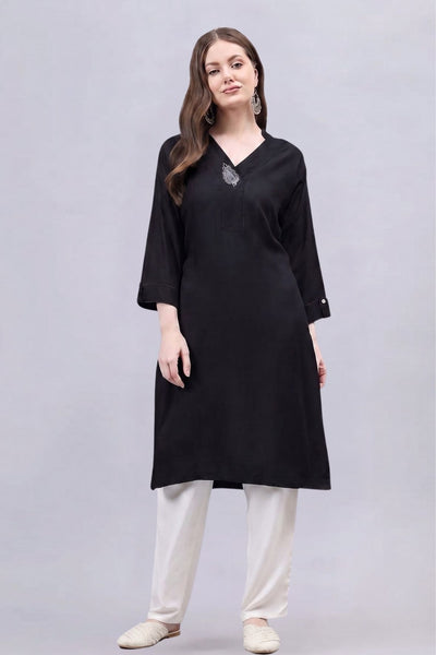 Black V-Neck Straight Fit Rayon Kurti