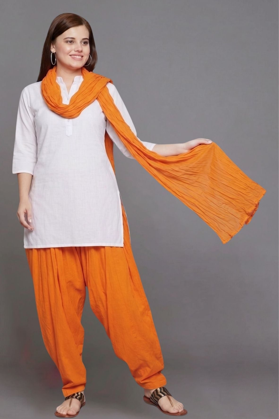 Orange Cotton Plain Patiala with Dupatta
