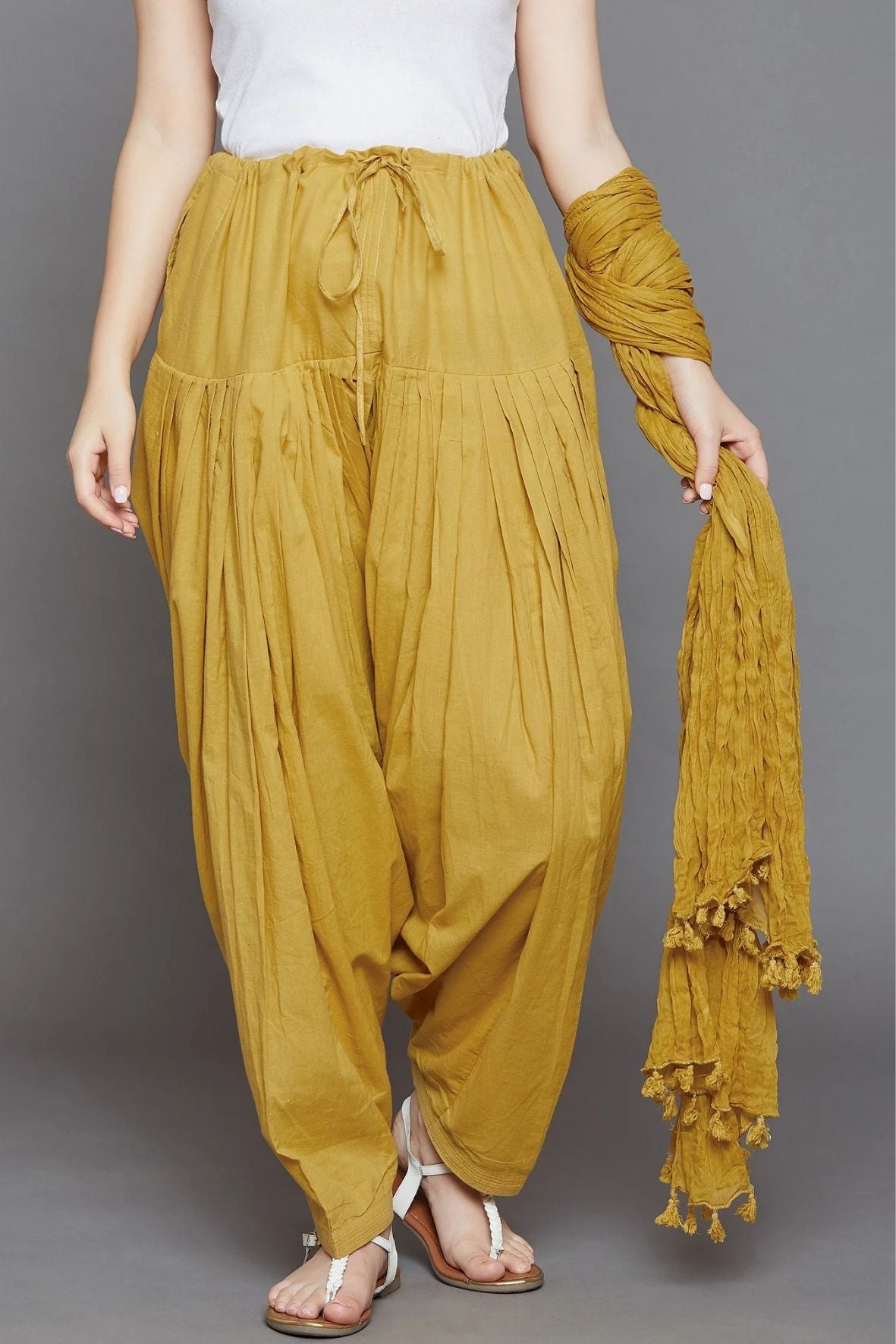 Mustard Cotton Plain  Patiala with Dupatta