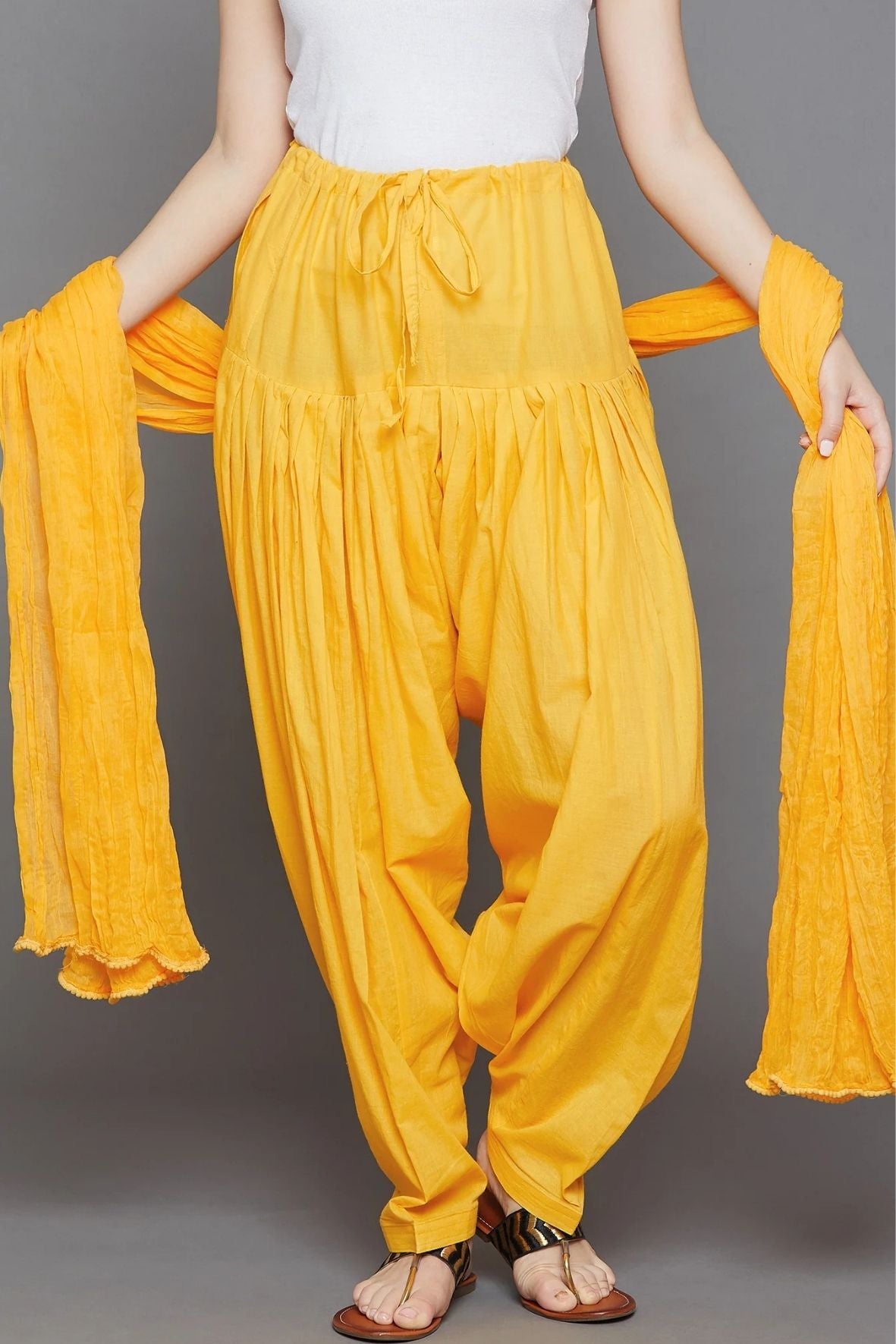 Yellow Cotton Plain Patiala with Dupatta
