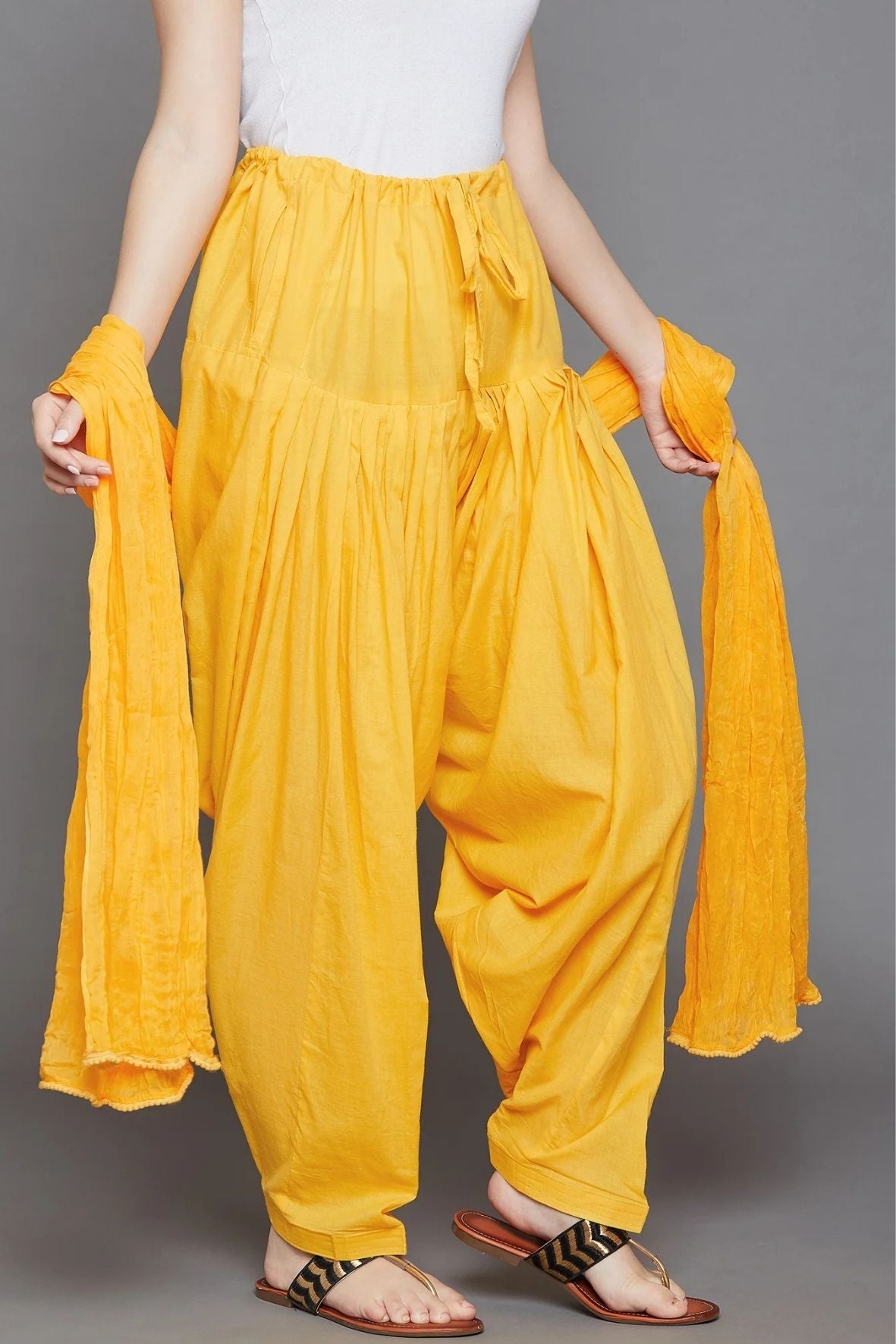 Yellow Cotton Plain Patiala with Dupatta