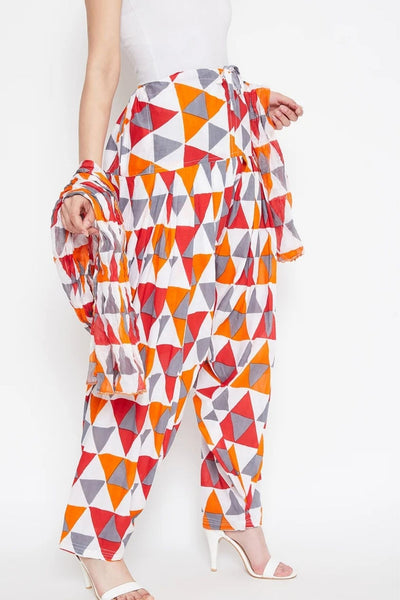Multicolour Geometric Pattern Printed Cotton Patiala with Dupatta