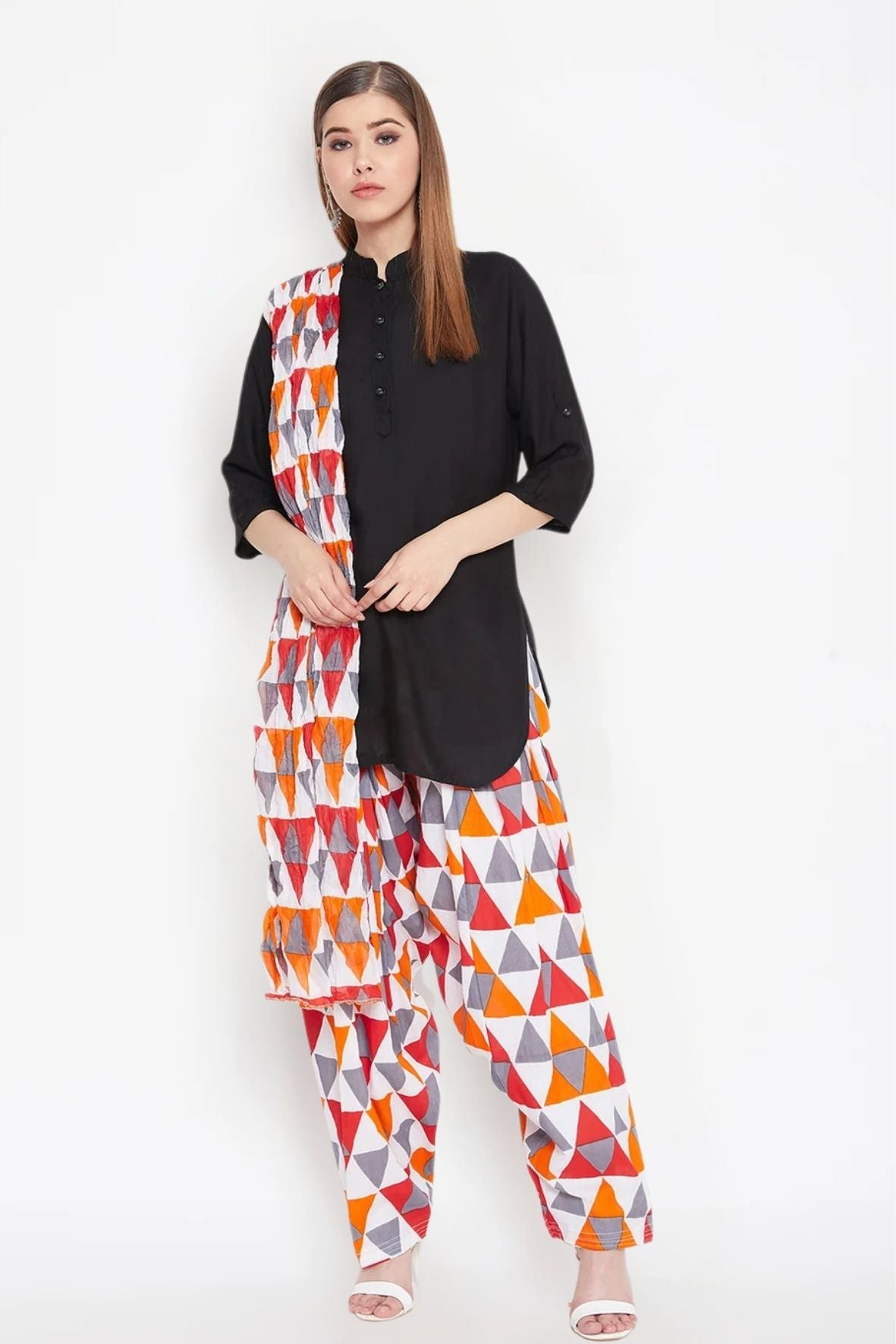Multicolour Geometric Pattern Printed Cotton Patiala with Dupatta