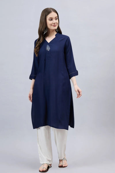 Navy Blue V-Neck Straight Fit Rayon Kurti