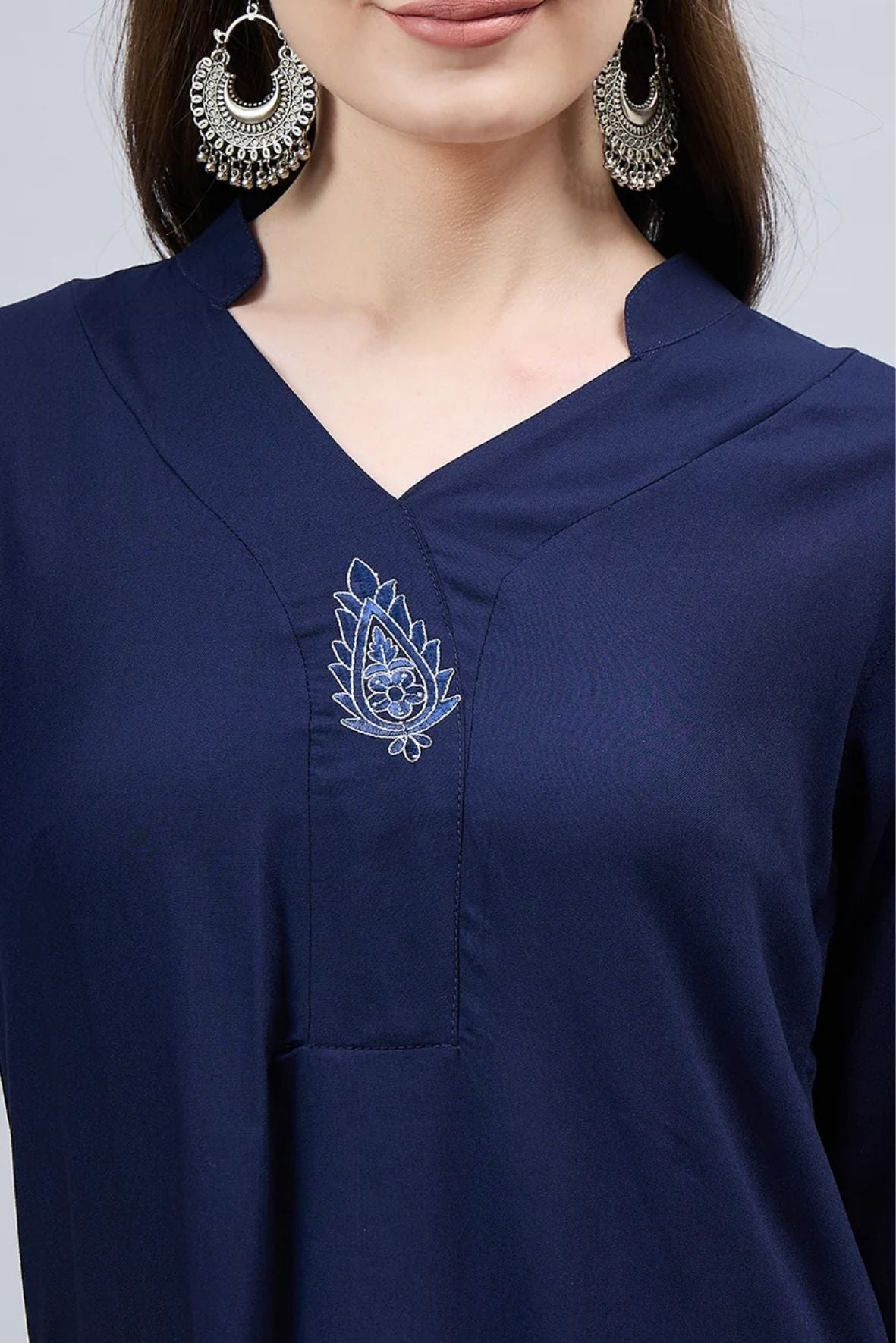 Navy Blue V-Neck Straight Fit Rayon Kurti