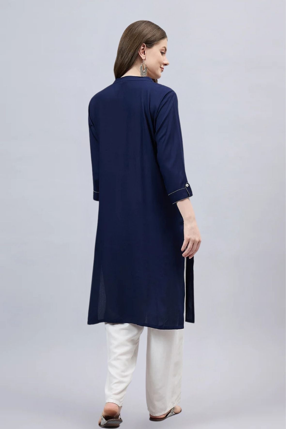 Navy Blue V-Neck Straight Fit Rayon Kurti