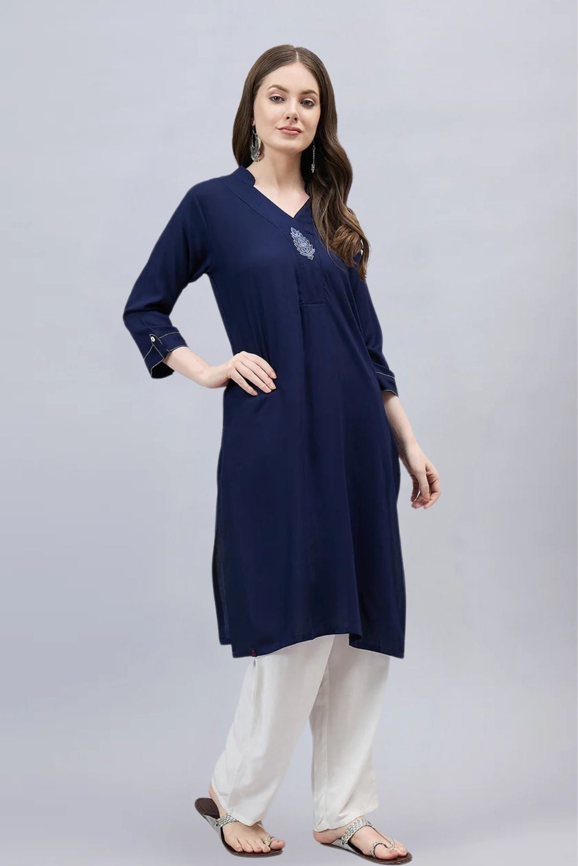 Navy Blue V-Neck Straight Fit Rayon Kurti