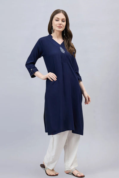 Navy Blue V-Neck Straight Fit Rayon Kurti
