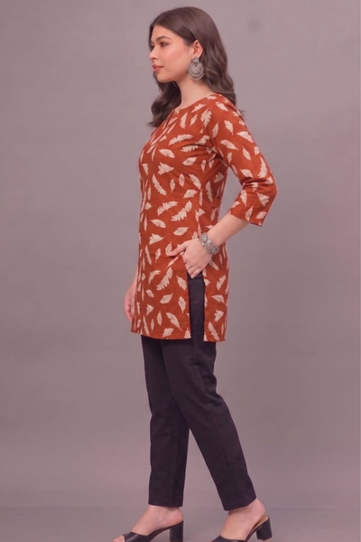 Autumn Leaf Cotton Short Printed Kurti
