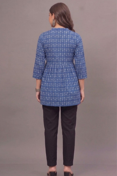 Indigo Floral Buti Cotton Short Printed kurti