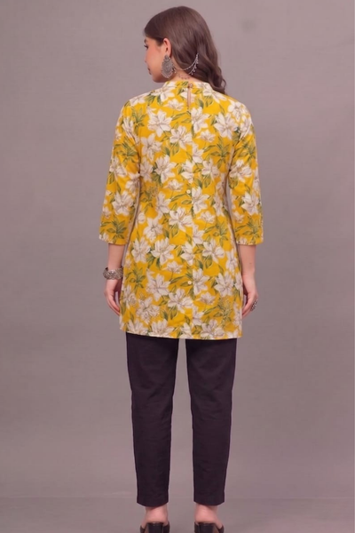 Yellow Blossom Short Printed Kurti
