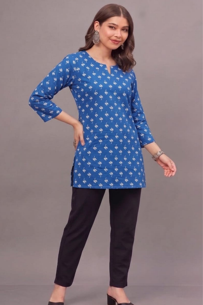 Indigo petal Cotton Short Printed kurti