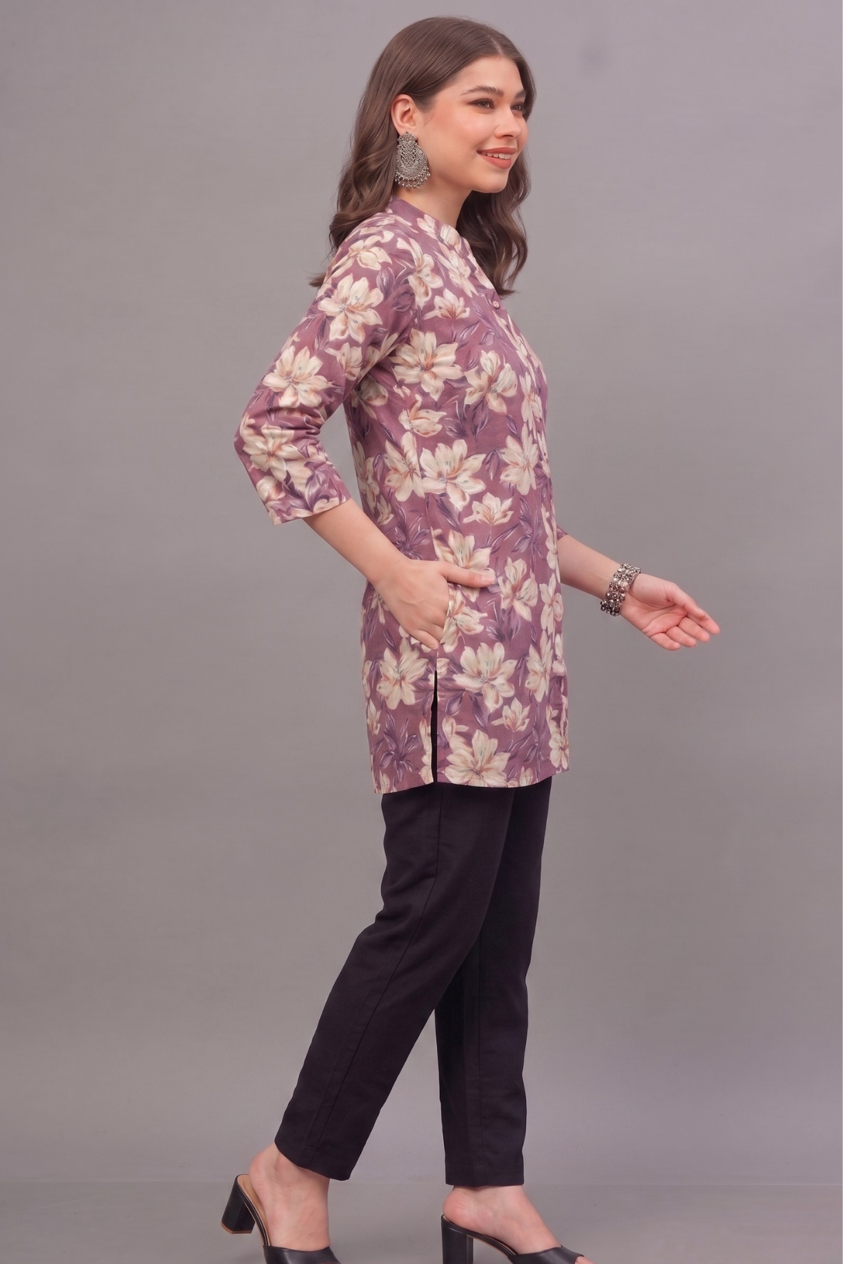 Mauve Floral Cotton Printed Short Kurti