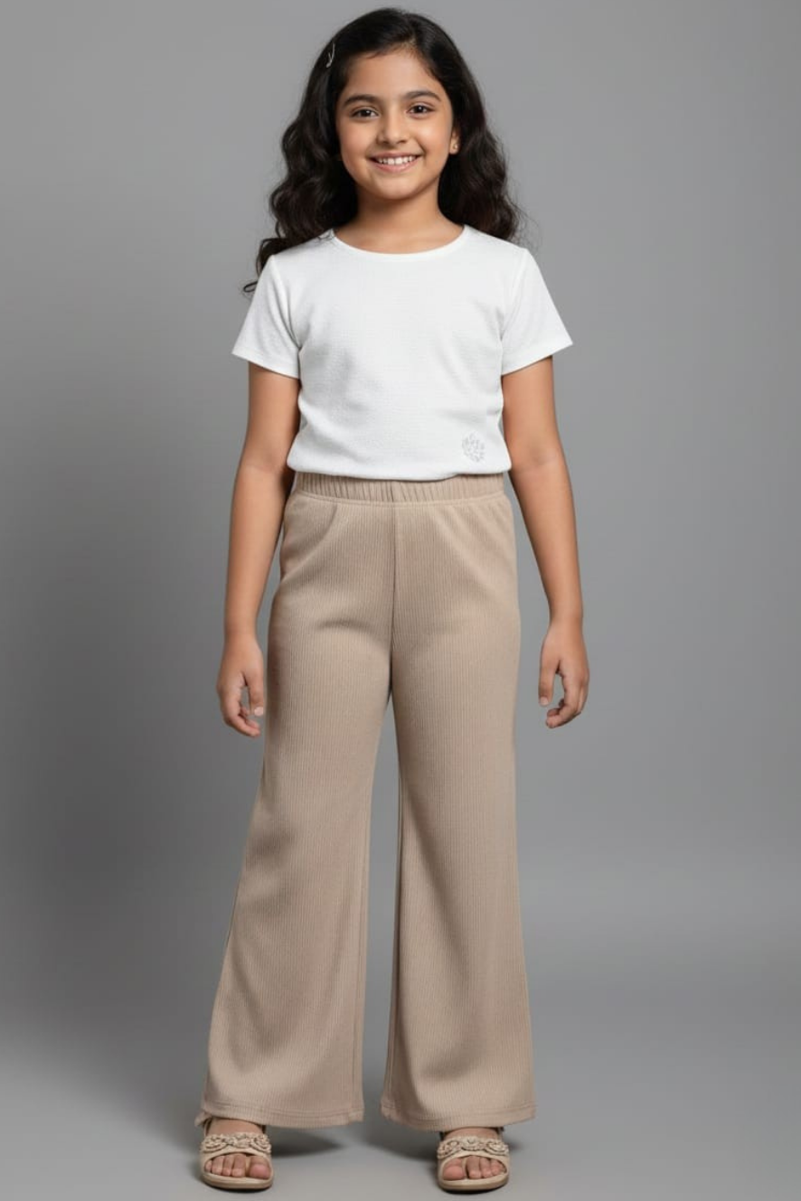 Kids Beige Ribbed Stretchable Palazzo