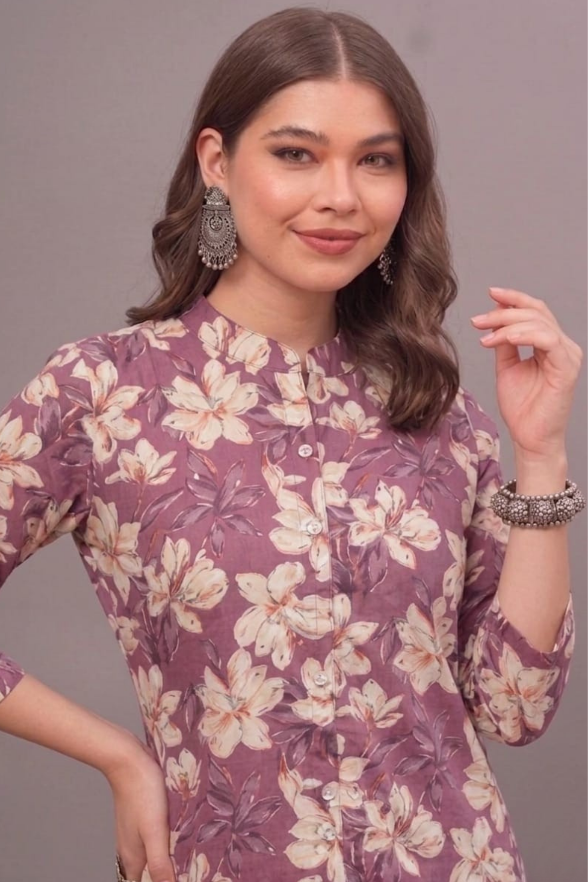 Mauve Floral Cotton Printed Short Kurti