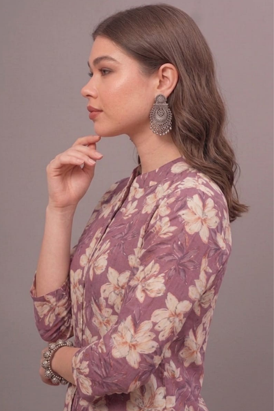 Mauve Floral Cotton Printed Short Kurti