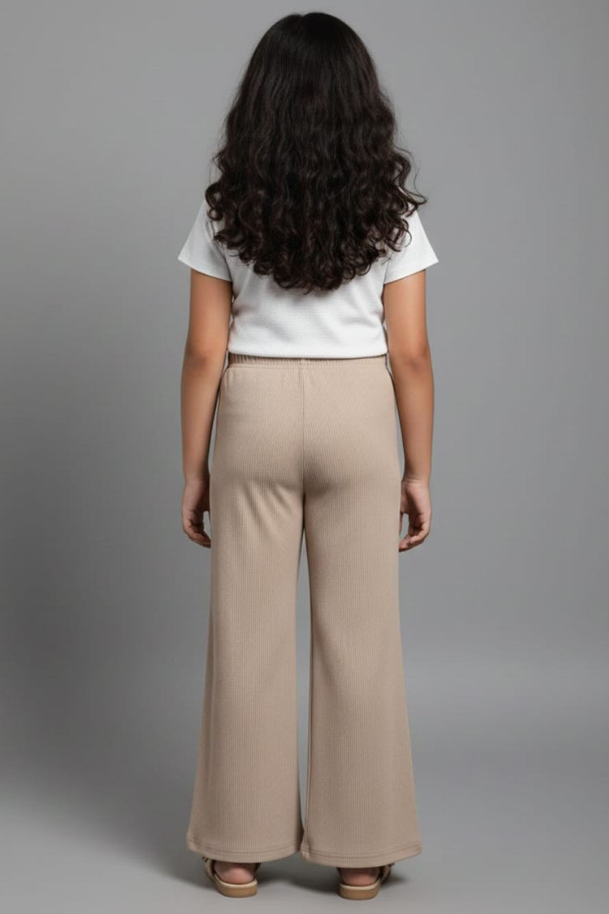 Kids Beige Ribbed Stretchable Palazzo