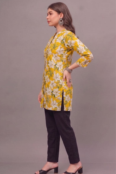 Yellow Blossom Short Printed Kurti