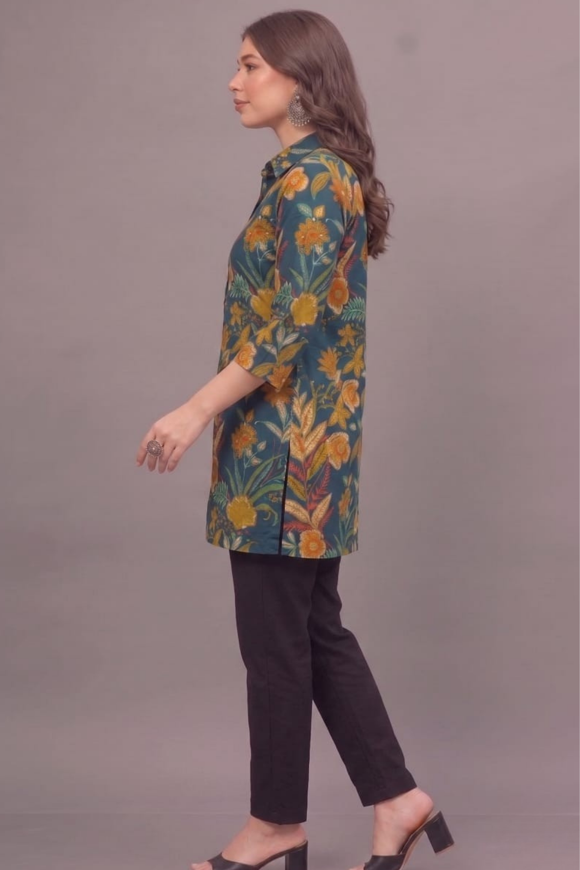 Teal Bloom Short Printed Kurti