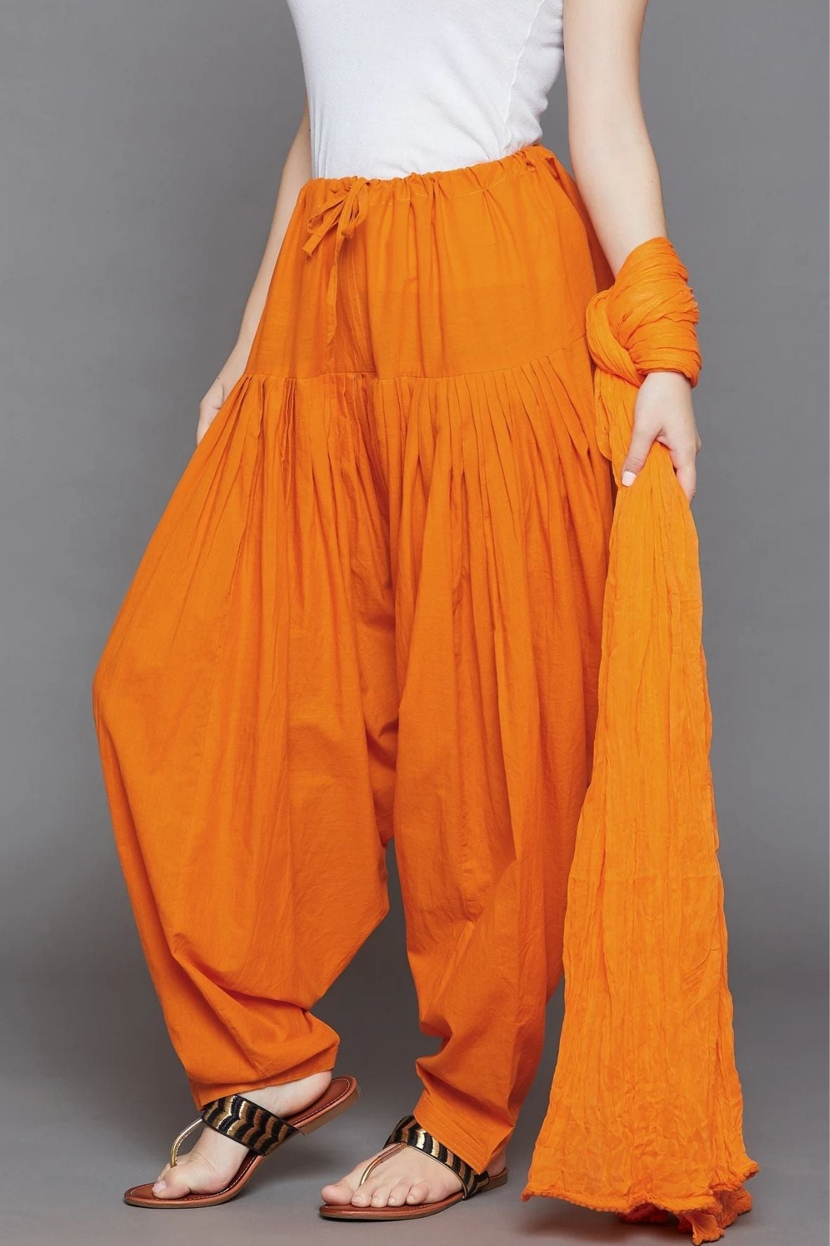 Orange Cotton Plain Patiala with Dupatta