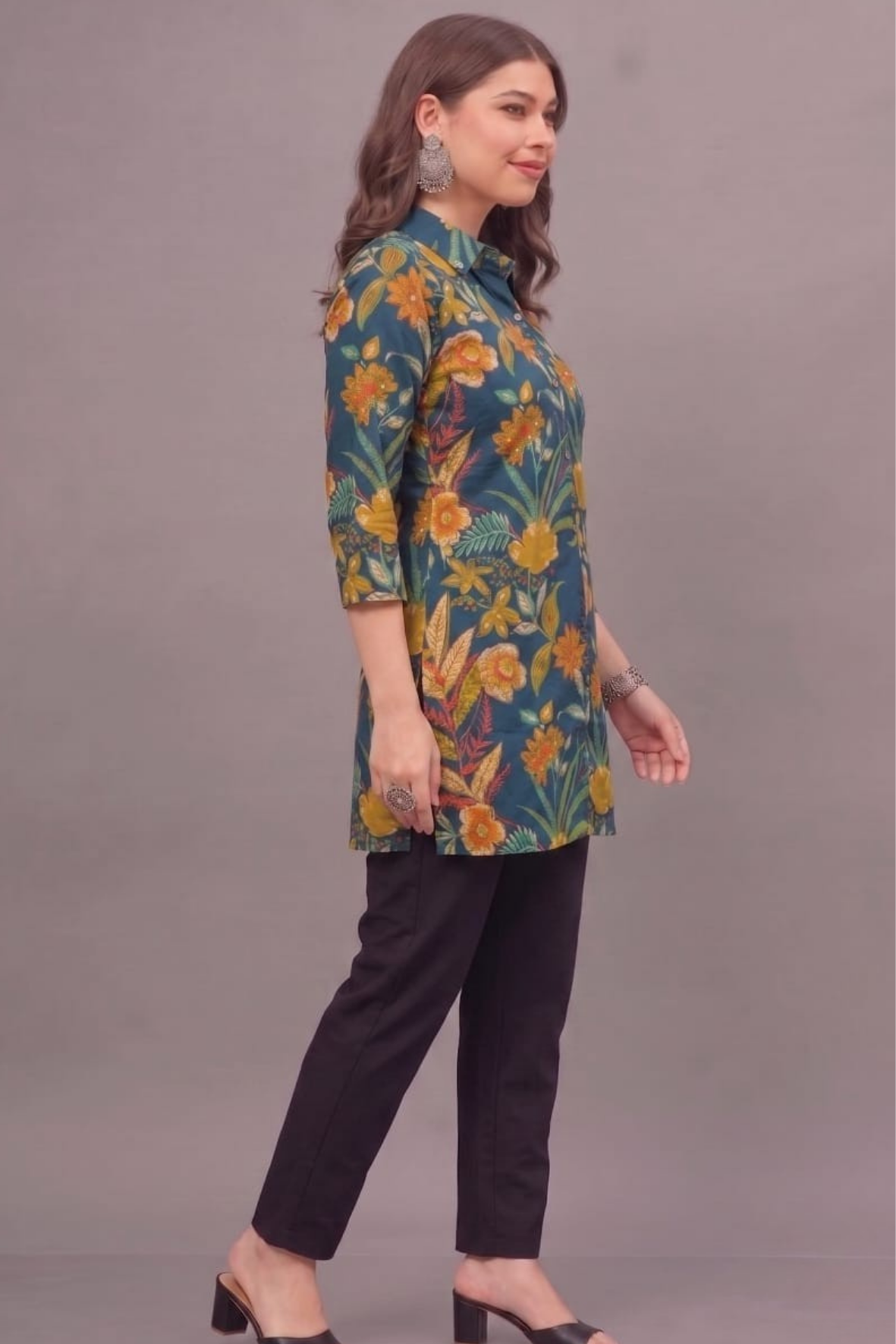 Teal Bloom Short Printed Kurti