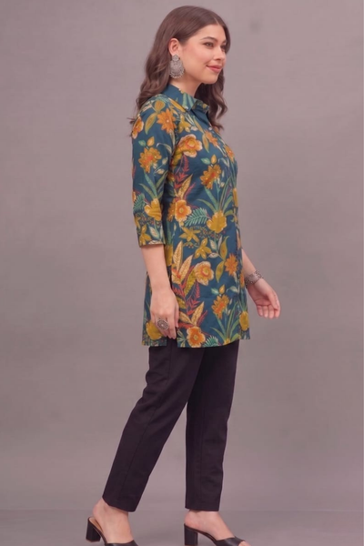 Teal Bloom Short Printed Kurti