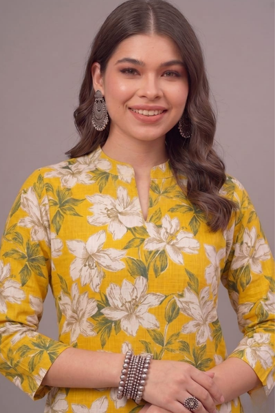Yellow Blossom Short Printed Kurti
