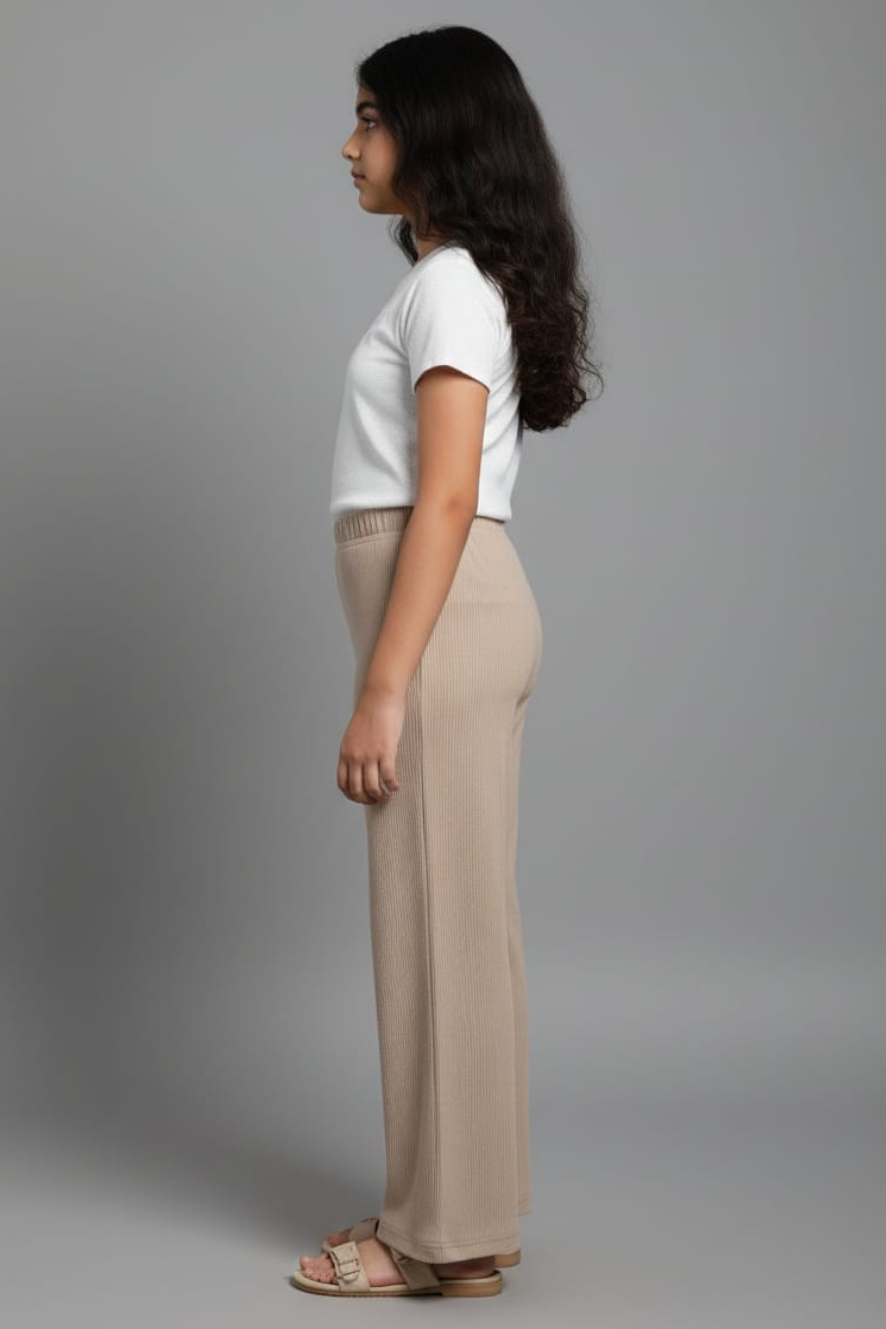 Kids Beige Ribbed Stretchable Palazzo