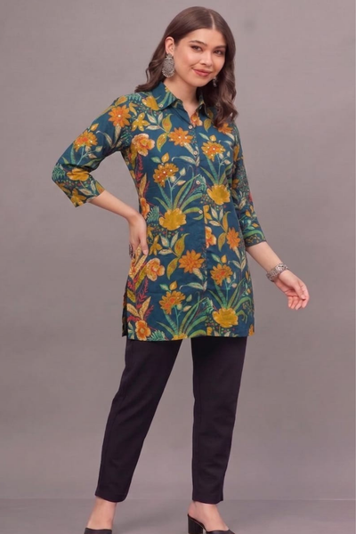 Teal Bloom Short Printed Kurti