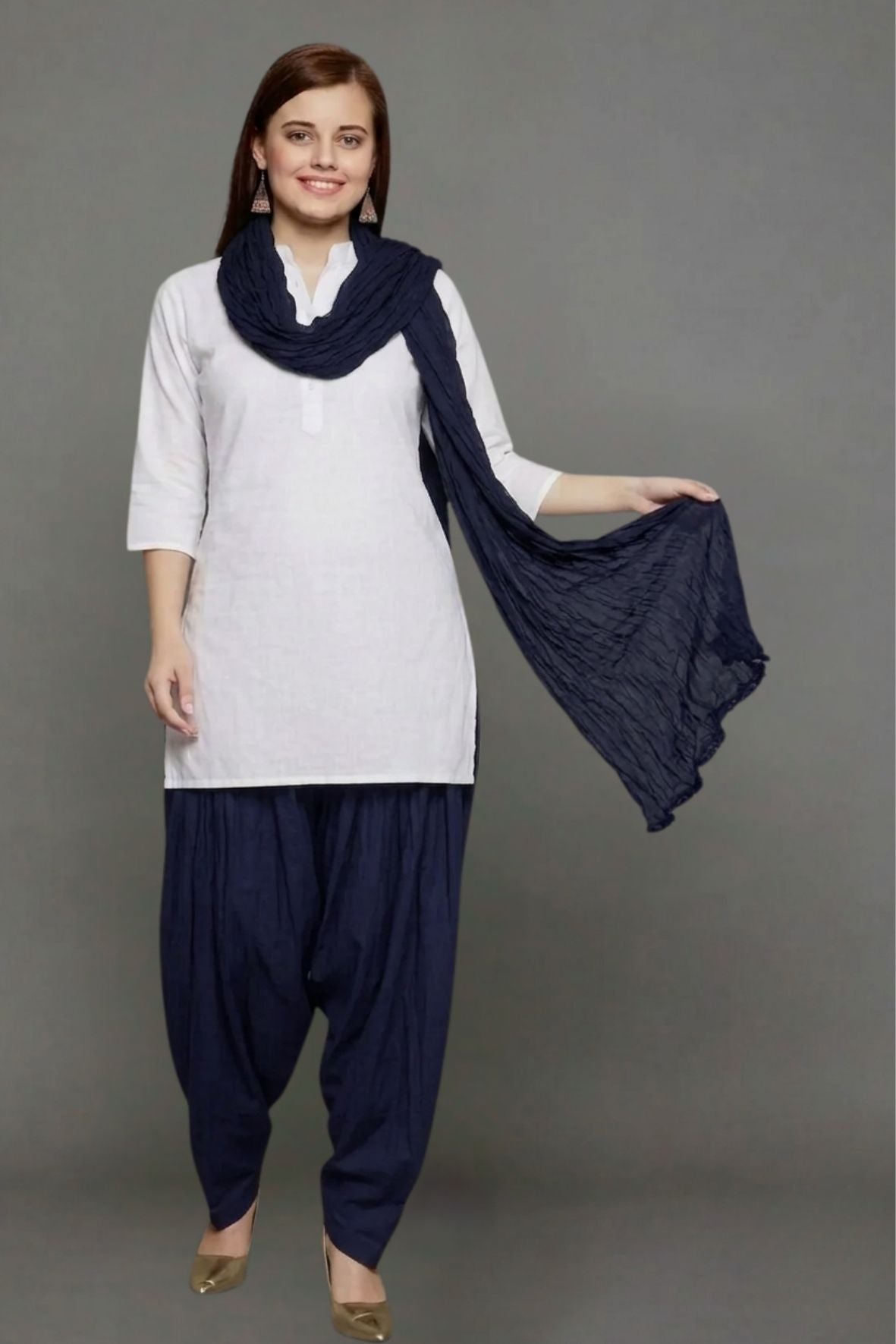 Navy Blue Cotton Plain Patiala with Dupatta