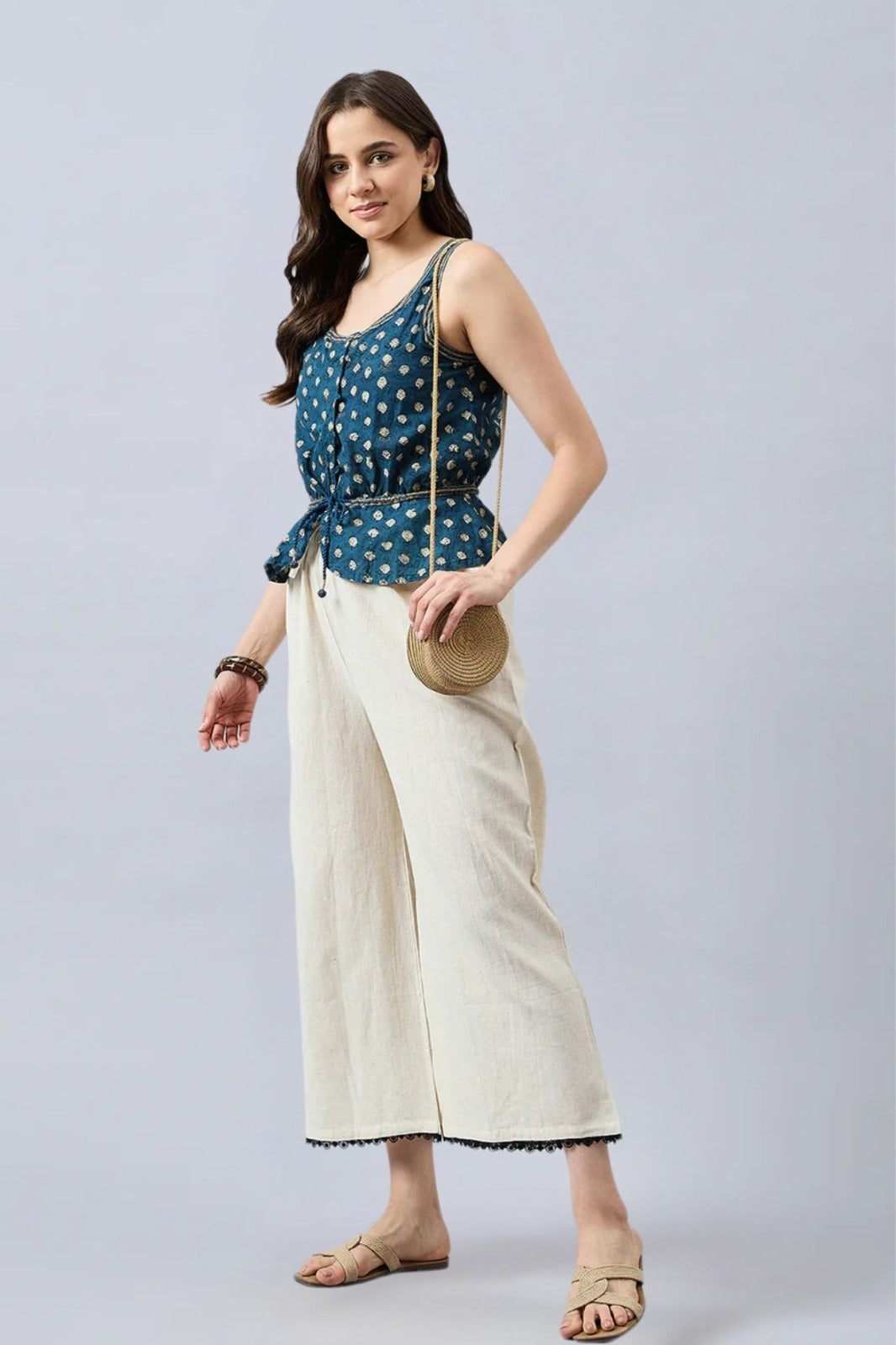 Cotton Palazzo With Black Lace Detailing