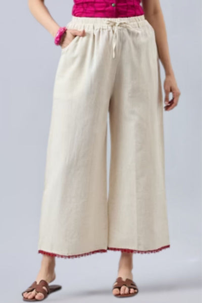 Cotton Palazzo With Maroon Lace Detailing