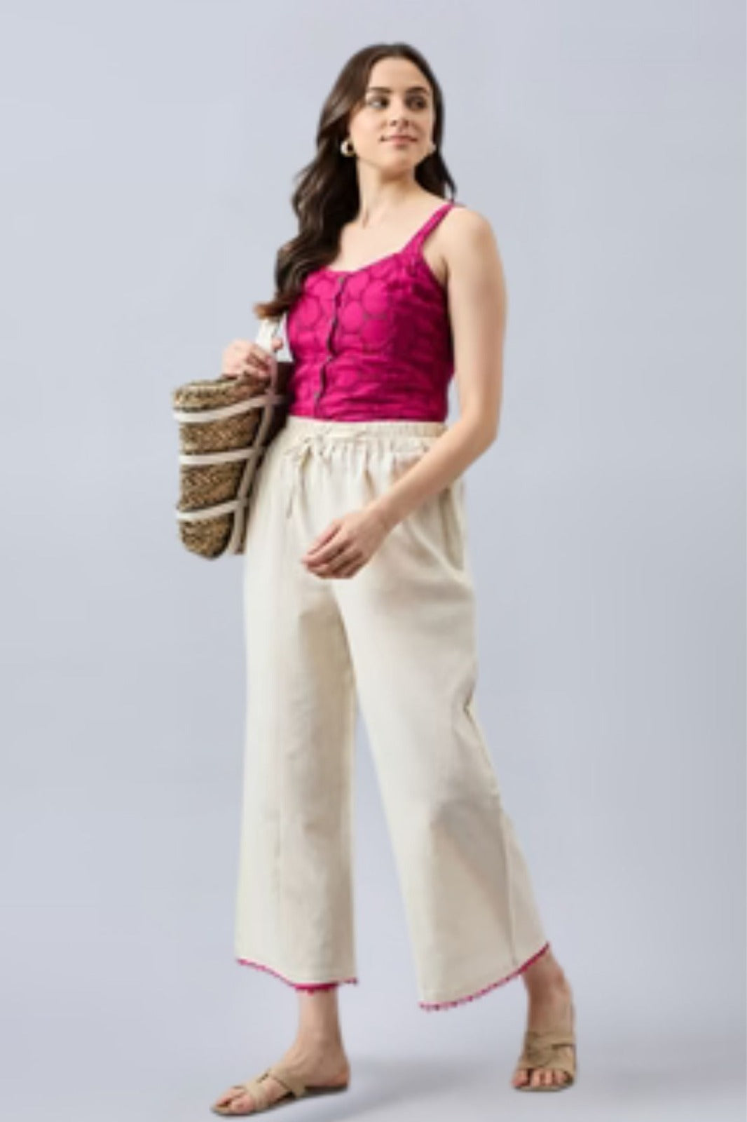 Cotton Palazzo With Rani Pink Lace Detailing