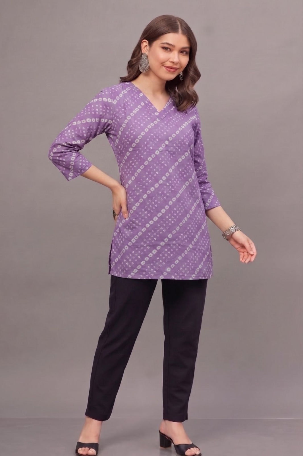 Cotton Purple bandhani Printed short kurti