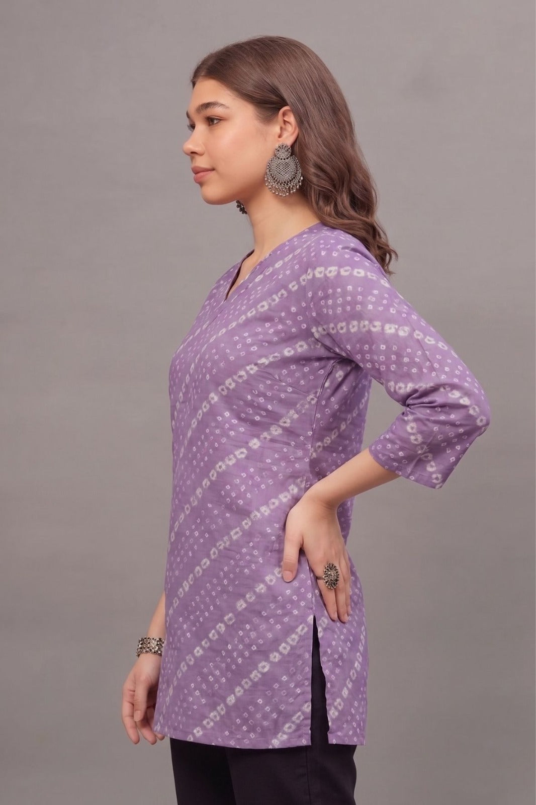 Cotton Purple bandhani Printed short kurti