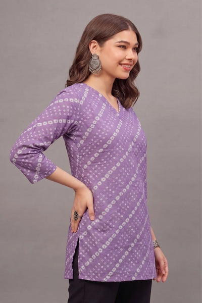 Cotton Purple bandhani Printed short kurti