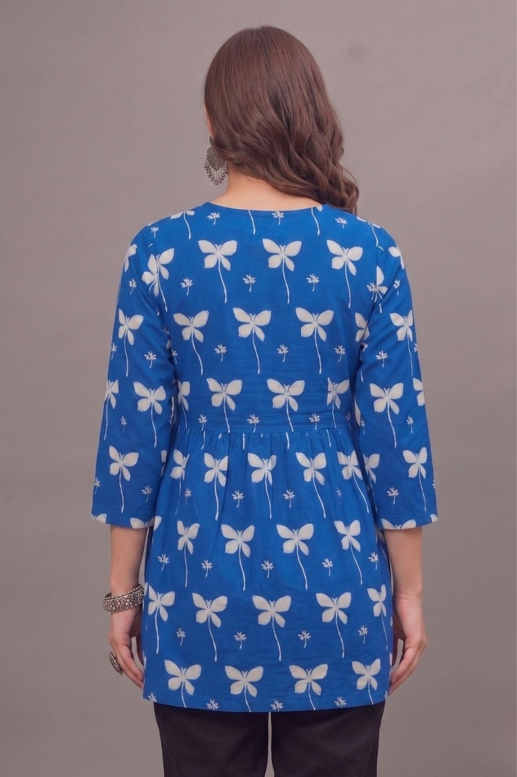 Cotton Blue butterfly Printed short kurti