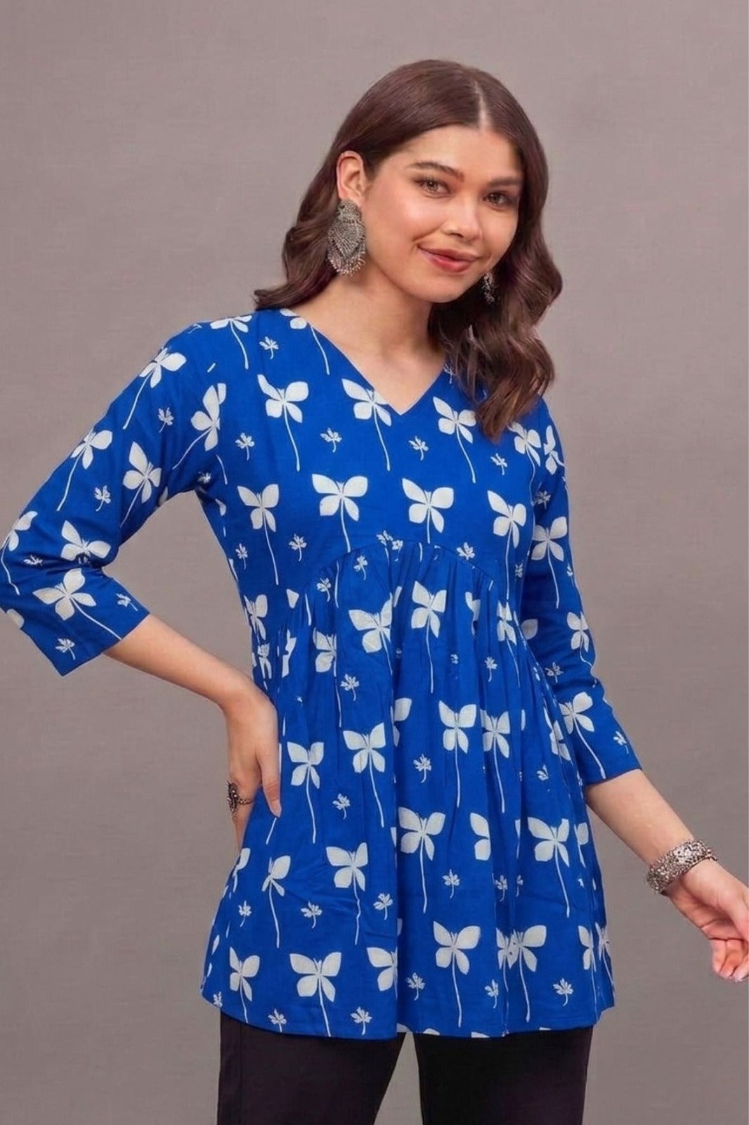 Cotton Blue butterfly Printed short kurti