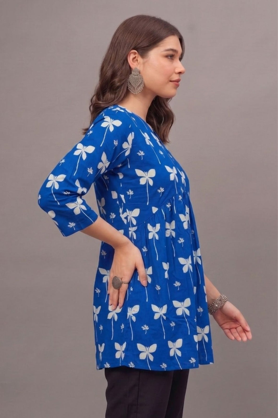 Cotton Blue butterfly Printed short kurti