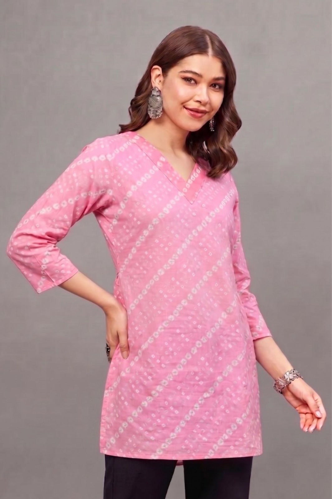 Cotton Pink Bandhej Printed short  kurti