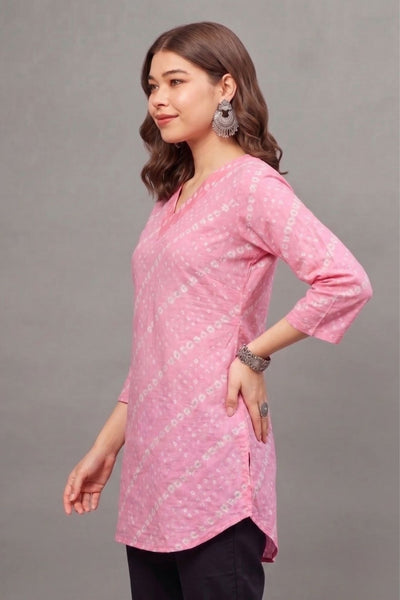 Cotton Pink Bandhej Printed short  kurti