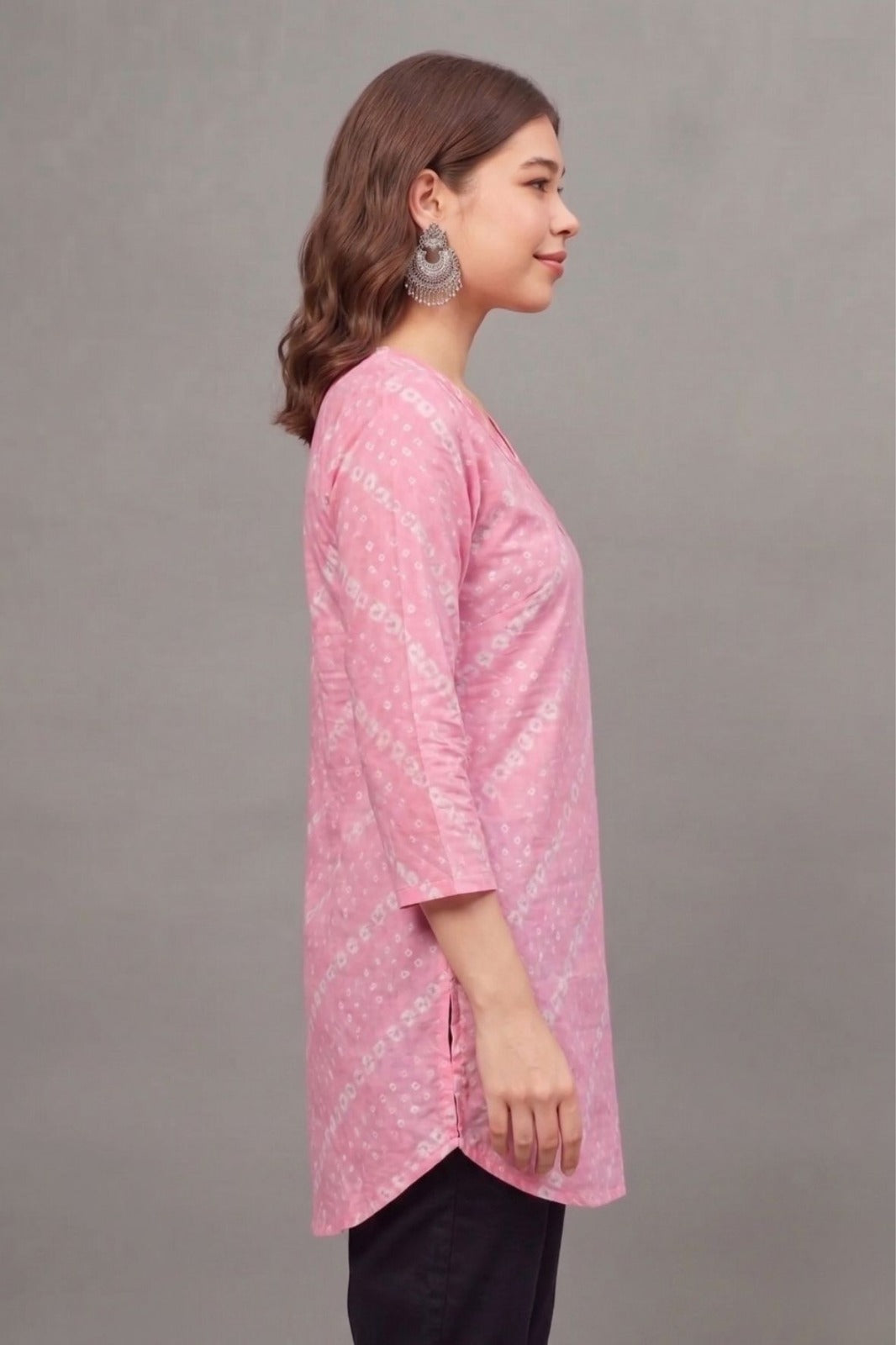 Cotton Pink Bandhej Printed short  kurti