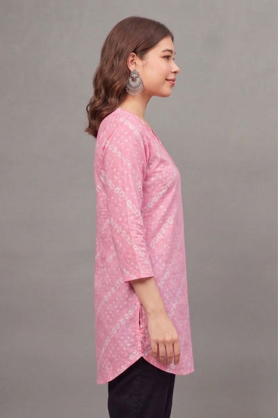 Cotton Pink Bandhej Printed short  kurti