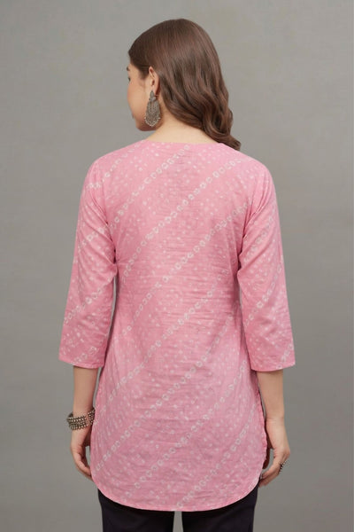 Cotton Pink Bandhej Printed short  kurti