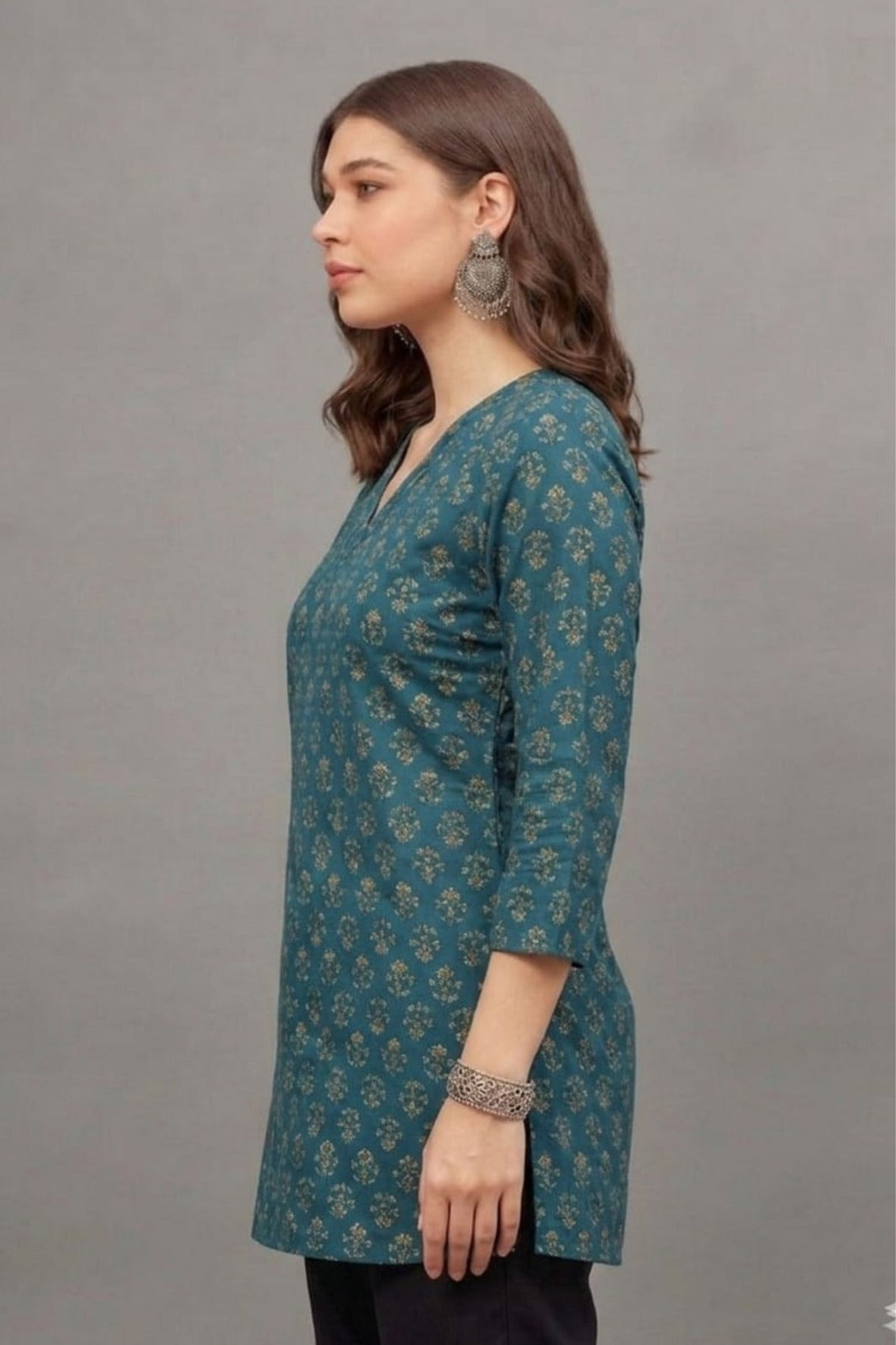 Cotton Teal Floral Printed short kurti