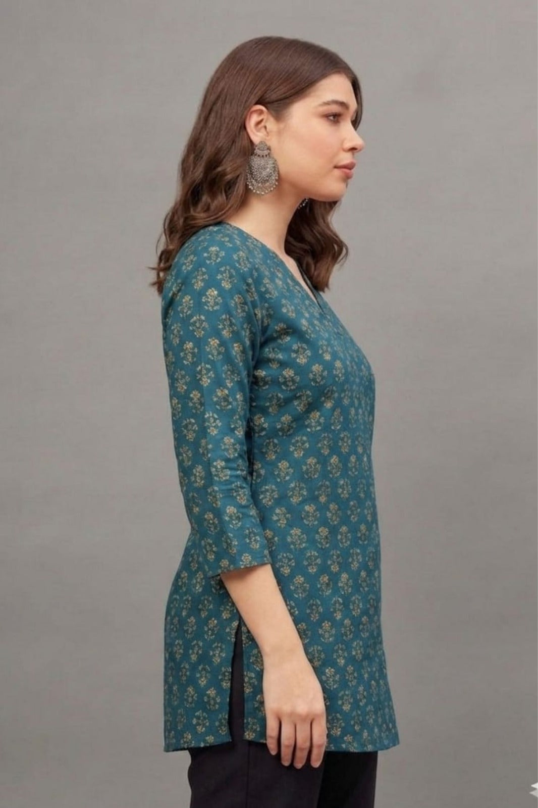 Cotton Teal Floral Printed short kurti