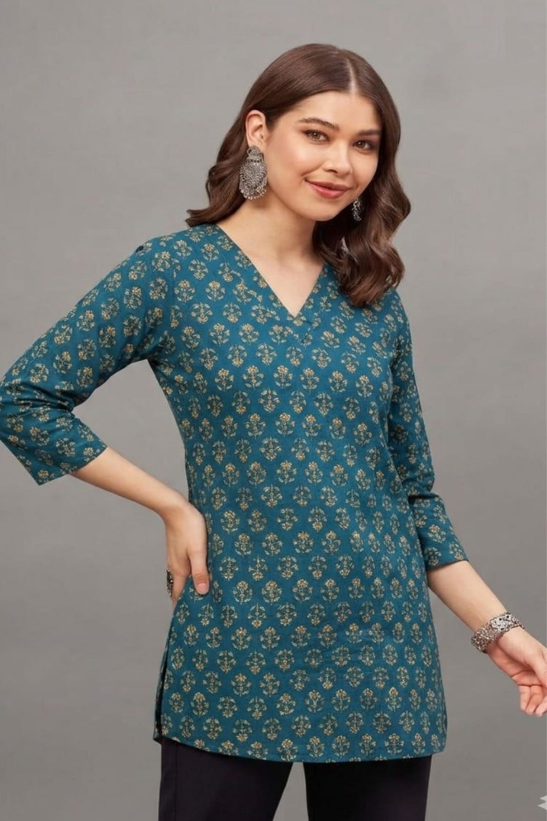 Cotton Teal Floral Printed short kurti