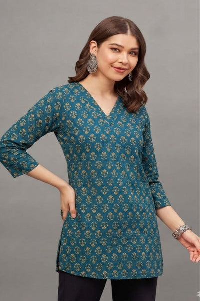 Cotton Teal Floral Printed short kurti