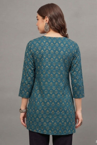 Cotton Teal Floral Printed short kurti
