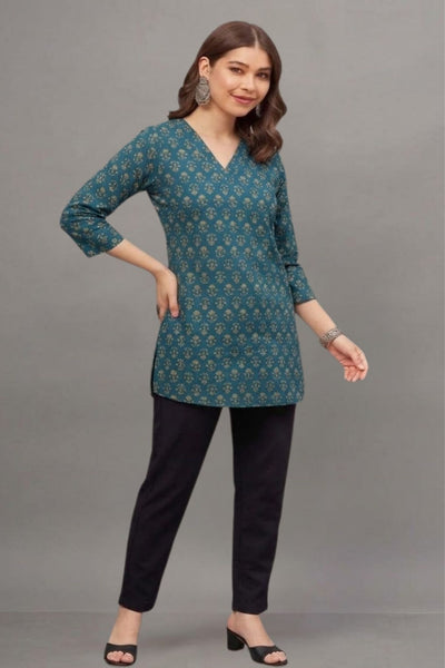 Cotton Teal Floral Printed short kurti